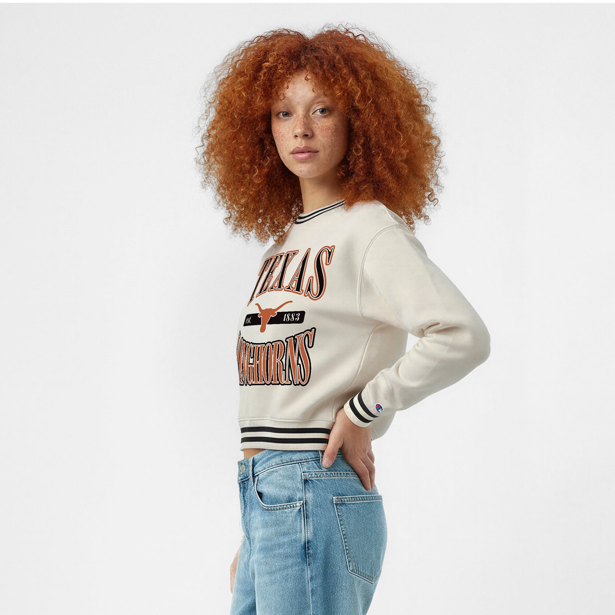 Women's Champion White Texas Longhorns Yarn Dye Rib Reverse Weave Crew Sweatshirt